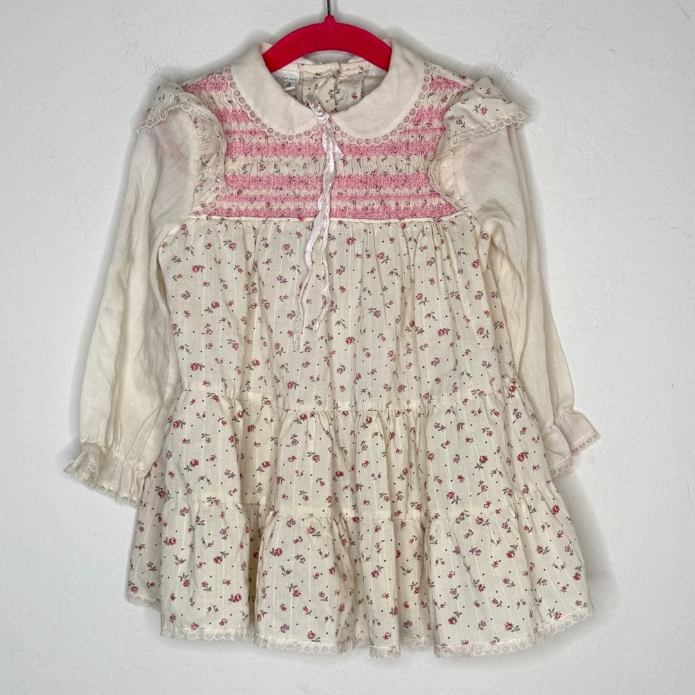 Toddle Time JCPenney Vintage Girls Floral Smocked Dress Size 4 Ivory Pink Boho